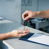 Chave de carro sendo entregue de uma mão pra outra sobre o balcão