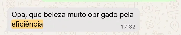 Cliente escreve: opa, que beleza, muito obrigado pela eficiência